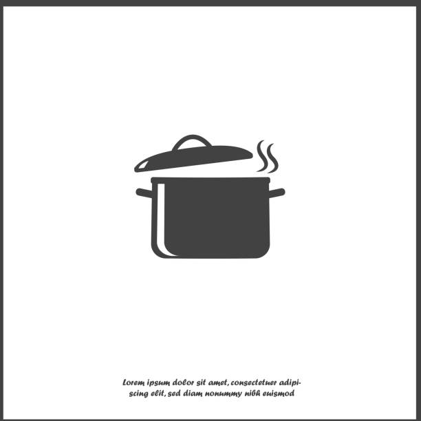 ilustrações de stock, clip art, desenhos animados e ícones de vector pan with steam icon. cooking symbol on white isolated background. - saucepan fire steam soup