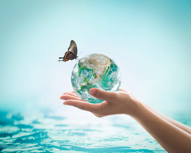 Saving water, world water day, environmental ecology protection, earth day concept with woman's hand holding green planet on blur sea or ocean background. Element of this image furnished by NASA Saving water, world water day, environmental ecology protection, earth day concept with woman's hand holding green planet on blur sea or ocean background. Element of this image furnished by NASA ozone layer photos stock pictures, royalty-free photos & images