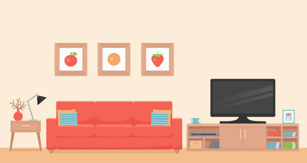 Living room interior. Vector illustration. Flat design. Room interior. Vector. Living room with coral sofa, table and TV. Modern house background with furniture. Cartoon illustration. Home inside in flat design. Template banner. domestic room illustrations stock illustrations