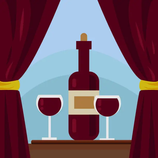 Vector illustration of Red Wine and Glasses Flat Vector Illustration