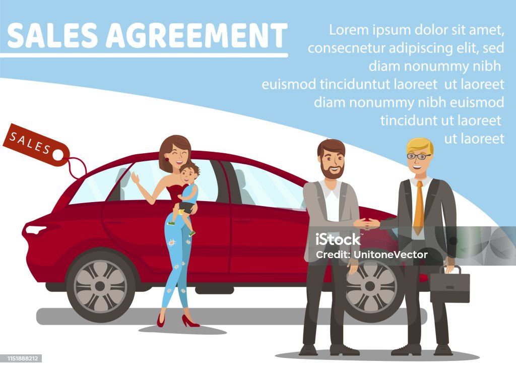 Automobile Dealership Flat Banner Vector Template Automobile Dealership Flat Banner Vector Template. Salesman and Young Family Cartoon Characters. Transport Showroom, Auto Rental Service Advertising. Car Sale Agreement Illustration with Text Space Adult stock vector