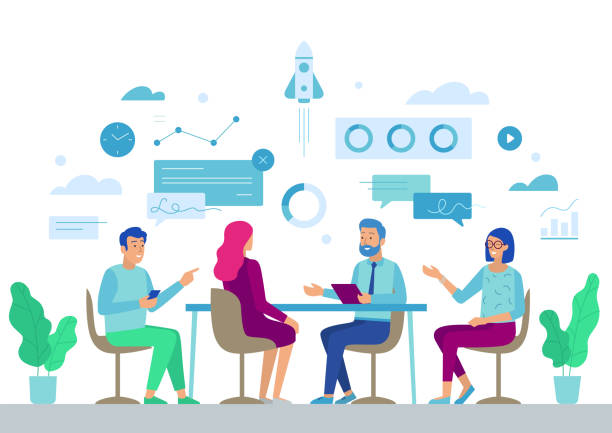 Business Board Meeting in Office. Brainstorming. Business Board Meeting Director and Employees in Office. Businesspeople around Table Planing Start Up Project and Solving Finance Problems. Brainstorming Group. Cartoon Flat Vector Illustration listening illustrations stock illustrations