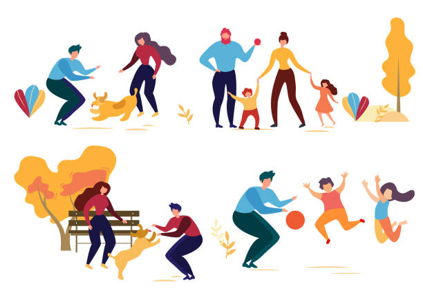 Cartoon Man Woman Dog Family Character in Park Cartoon People Character in Park Vector Illustration. Man Woman Play with Dog. Family Walk Mother Daughter Son Father. Children Jump Game with Ball. Autumn Season Outdoors. Activity Nature Leisure family fun stock illustrations