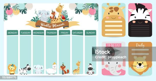 Pastel Weekly Planner With Wildfoxelephantllamazebragiraffetiger Stock Illustration - Download Image Now