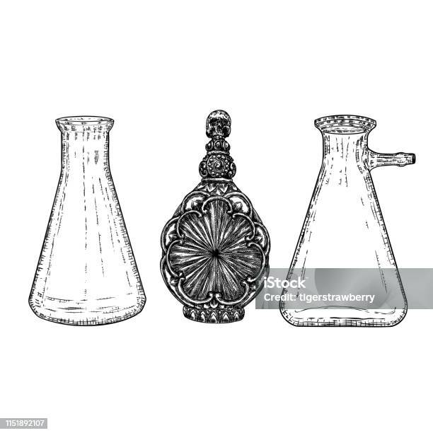 Set Of Witch Bottles With Magic Liquid Line And Dot Stipple Art Hand Drawn Flash Tattoo Design Vector Stock Illustration - Download Image Now