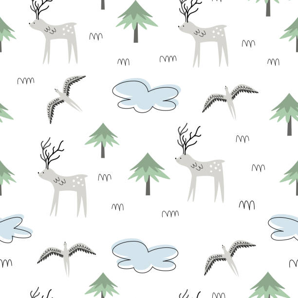 istock Vector seamless pattern with polar deer and birds. Alaska. Wild animals and nature. Scandi style. Children print. Wildlife 1151892923