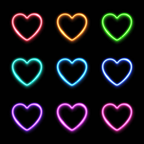 neonowe serca na ciemnym tle. kolorowe techno led lub halogenowej lampy okablowania kolekcji ram. elektryczny jasny znak 3d dla miłości romantyczny baner, projekt ulotki. ilustracja wektorowa 3d - valentines day hearts flash stock illustrations