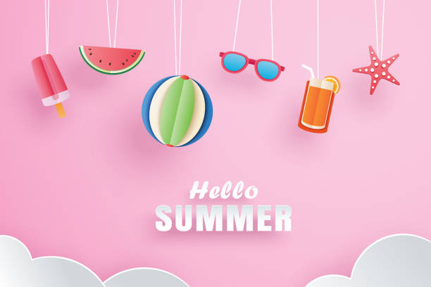 hallo sommer mit dekoration origami auf rosa hintergrund hängen. papierkunst und handwerk stil. - kunst und handwerkserzeugnis stock-grafiken, -clipart, -cartoons und -symbole