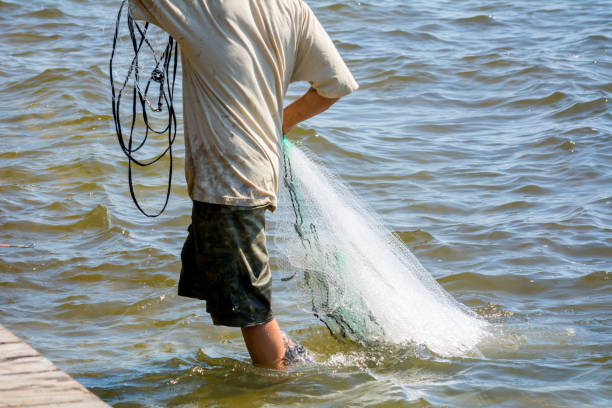 istock Man that Recovers a Circular FIshnet by the Sea on Blur Background 1151896277
