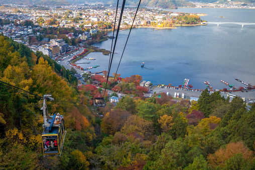 The Kachi Kachi Ropeway ascends 400 meters from the eastern shore of Lake Kawaguchiko to an observation deck near the peak of Mount Tenjo.