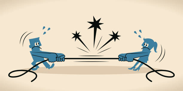Tug Of War two man and woman pulling rope in opposite directions Blue Little Guy Characters Full Length Vector art illustration.Copy Space.
Tug Of War two man and woman pulling rope in opposite directions. breaking glass ceiling stock illustrations