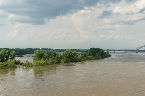 High water level on the Mississippi river in Memphis, Tennessee, in springtime