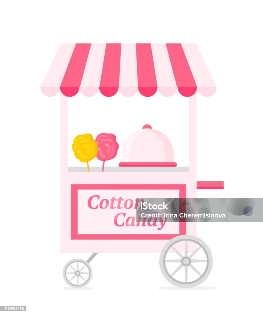 Cotton candy kiosk flat vector illustration Cotton candy kiosk flat vector illustration. Candyfloss trolley. Small business, takeaway service, sweets sale. Delicious fast food cart, carnival booth, quick snack stand. Sugar product, dessert Cotton Candy stock vector