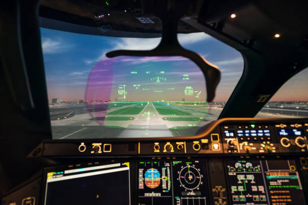 hud-system eines modernen flugzeugs - airplane electronics industry air vehicle cockpit stock-fotos und bilder