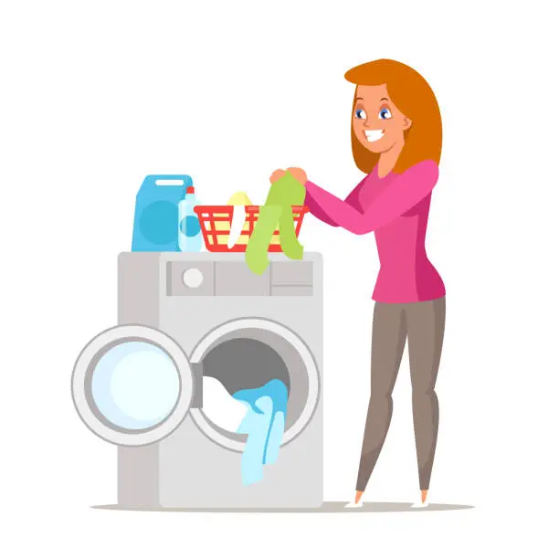 Vector illustration of Woman busy with dirty laundry vector illustration