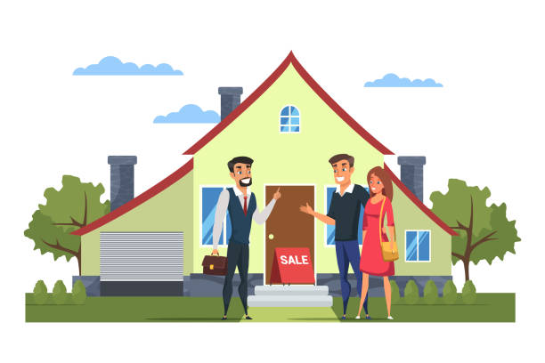 молодая семья, выбирающих иллюстрацию вектора дома - real estate house key backgrounds stock illustrations