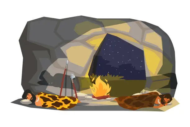 Vector illustration of Stone age people sleeping in cave illustration