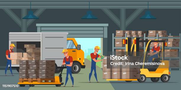 Warehouse Indoors Flat Vector Illustration Stock Illustration - Download Image Now - Cartoon, Barn, Tractor