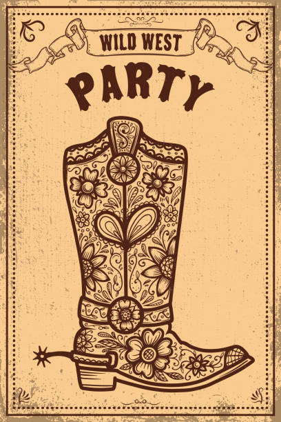 Wild west party. Poster template with cowboy boot on grunge background. Vector illustration Wild west party. Poster template with cowboy boot on grunge background. Vector illustration wild west illustrations stock illustrations