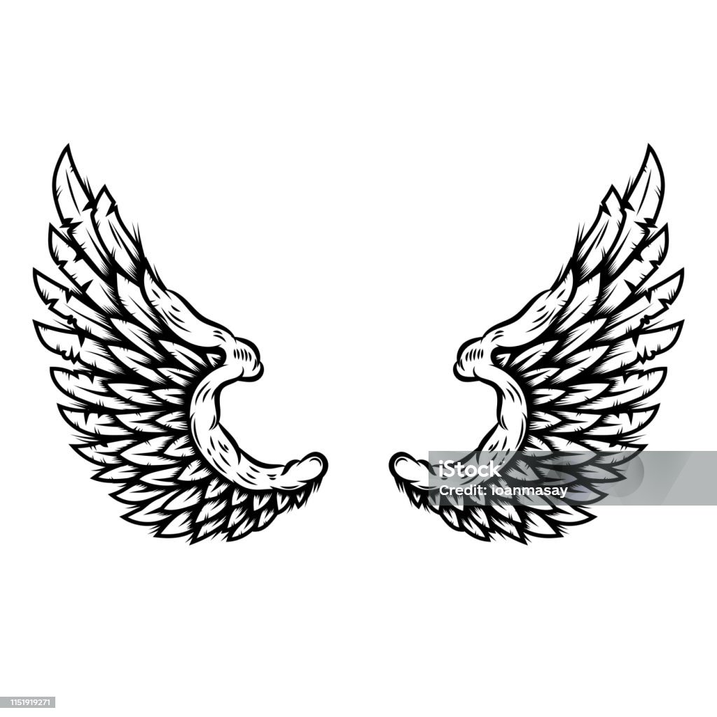 Eagle wings in tattoo style isolated on white background. Design element for poster, t shirt, card, emblem, sign, badge. Vector illustration Angel stock vector