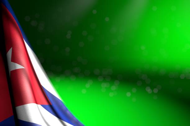 pretty feast flag 3d illustration\n - photo of Cuba flag hangs in corner on green with bokeh and free space for content