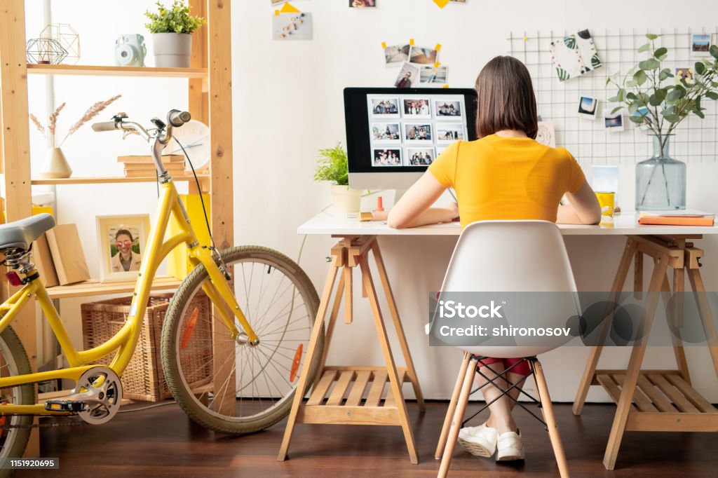 Work of submitter Rear view of young brunette female sitting on white chair in front of computer monitor while looking throguh collection of photos Home Office Stock Photo