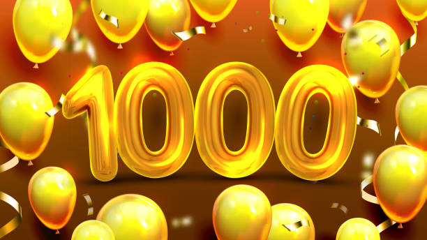 One Thousand 1000 With Balloon Banner Vector One Thousand 1000 With Balloons Banner Vector. Golden Number Thousand, Yellow Helium Bubbles And Foil Confetti. Poster With Congratulation Win Money Or Prize Points Realistic 3d Illustration number 1000 stock illustrations