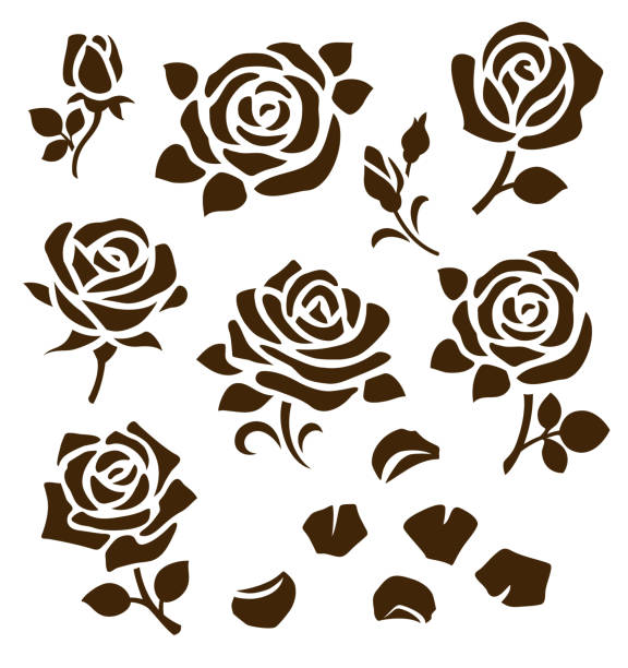 set von dekorativen rosensilhouetten mit blütenblättern und blättern. blumensymbole - rose colored stock-grafiken, -clipart, -cartoons und -symbole