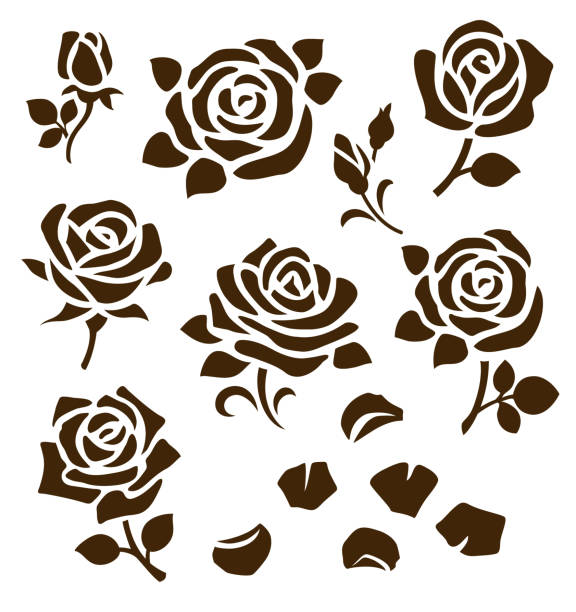 ilustraciones, imágenes clip art, dibujos animados e iconos de stock de conjunto de siluetas de rosas decorativas con pétalos y hojas. iconos florales - rose