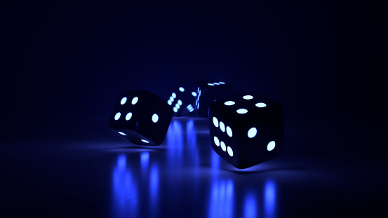Four glowing black dice emitting blue lights rolling on the table