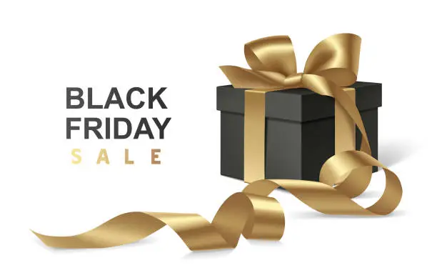 Vector illustration of Black friday sale design template. Decorative black gift box with golden bow and long ribbon isolated on white background.