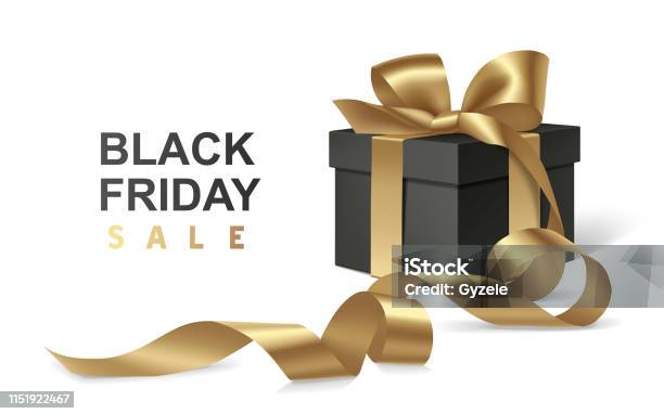 黑色星期五銷售設計範本裝飾黑色禮品盒與金色的弓和長的絲帶隔離在白色背景向量圖形及更多黑色星期五 - 購物活動圖片 - 黑色星期五 - 購物活動, 禮物, 金