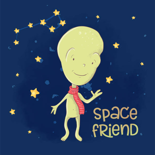 illustrations, cliparts, dessins animés et icônes de carte postale affiche mignon alien espace ami. dessin à la main. style de dessin animé. vecteur - mascot alien space mystery