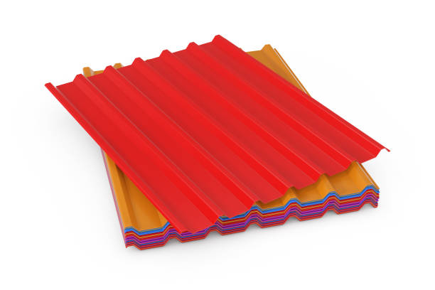 istock Stack of Colour Metal Zinc Galvanized Wave Sheets for Roof. 3d Rendering 1151924163