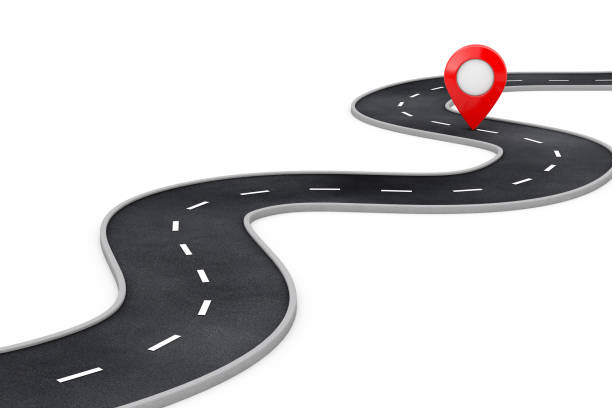 istock Winding Road with Destination Red Pin Target Pointer in the End of Road. 3d Rendering 1151924762