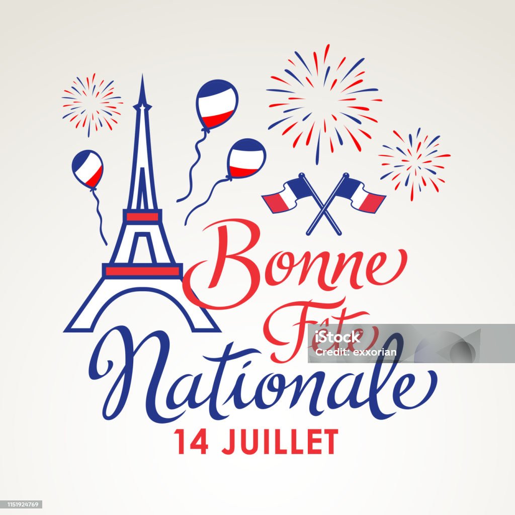 French National Day Celebration Celebrating Bastille Day, the national day of France, on 14th July with elements of French flag, Eiffel Tower, balloons and fireworks Bastille Day stock vector