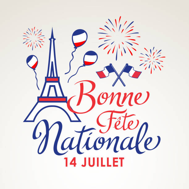 French National Day Celebration Celebrating Bastille Day, the national day of France, on 14th July with elements of French flag, Eiffel Tower, balloons and fireworks bastille day stock illustrations