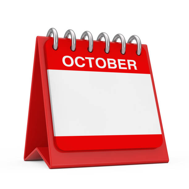 10月の月のページを示す赤いデスクトップカレンダーのアイコン。3d レンダリング - calendar october 2012 page ストックフォトと画像