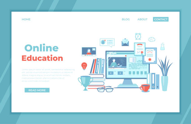 ilustrações de stock, clip art, desenhos animados e ícones de online education e-learning online training, courses, exams, testing. monitor screen with video tutorials, electronic books. video chat, tasks, diploma. landing page template, banner - youtube video web page internet