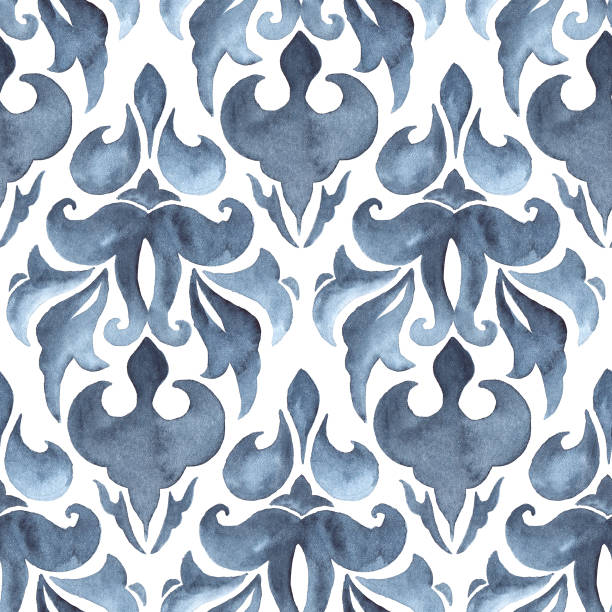 istock Indigo blue damask seamless watercolor pattern with repeat floral motifs on white background 1151929337