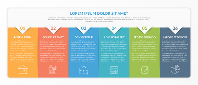 Infographic template with 6 elements for text and icons, can be used for web design, workflow layout, process chart, report, company milestones, vector eps10 illustration