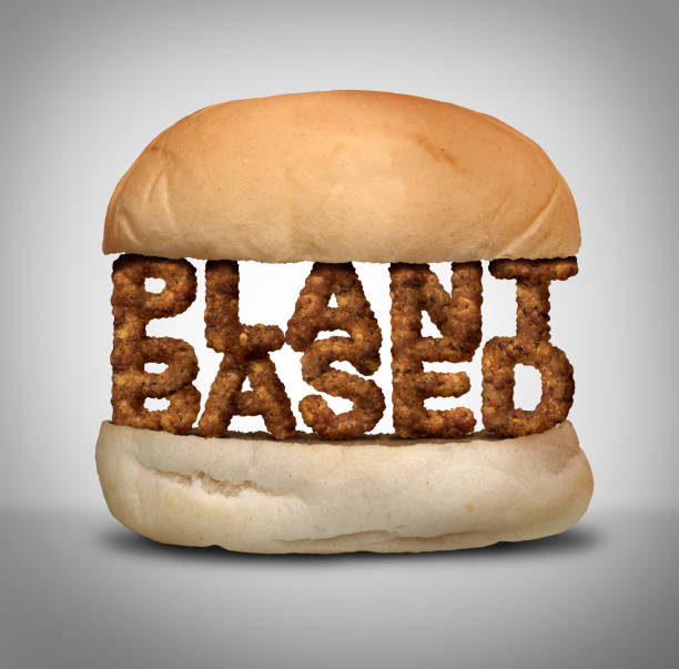 Plant Based Burger Plant based burger as fake meat or vegan hamburger representing a vegetarian protien in a 3D illustration style. veggie burger photos stock pictures, royalty-free photos & images