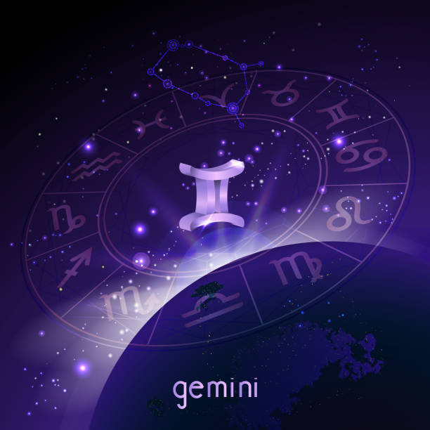 istock Vector illustration of 3D sign and constellation GEMINI with Horoscope circle in perspective against the space background. 1151931442