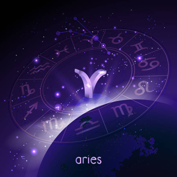 istock Vector illustration of 3D sign and constellation ARIES with Horoscope circle in perspective against the space background. 1151931518