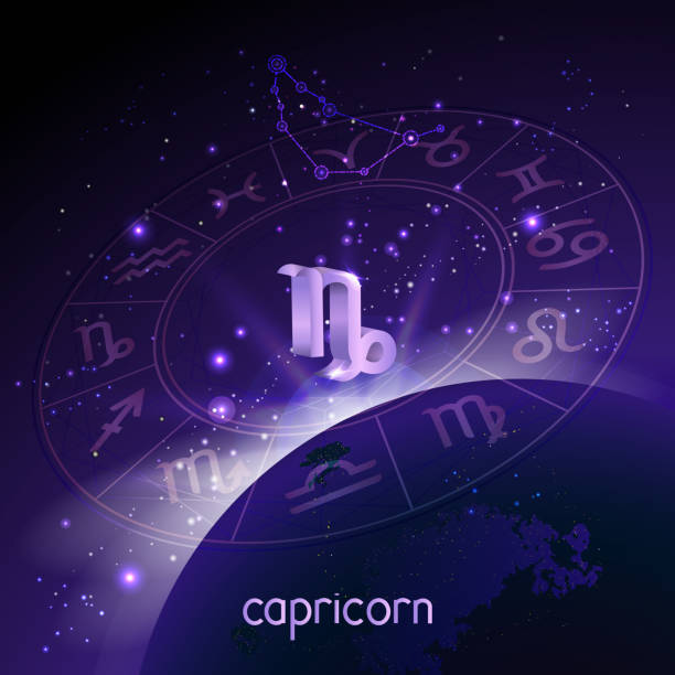 istock Vector illustration of 3D sign and constellation CAPRICORN with Horoscope circle in perspective against the space background. 1151931581