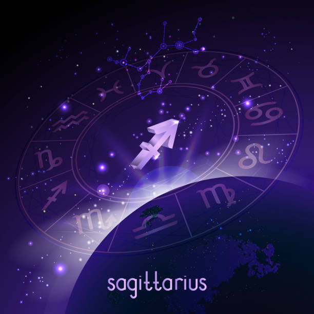 istock Vector illustration of 3D sign and constellation SAGITTARIUS with Horoscope circle in perspective against the space background. 1151931628