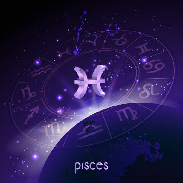 istock Vector illustration of 3D sign and constellation PISCES with Horoscope circle in perspective against the space background. 1151932455