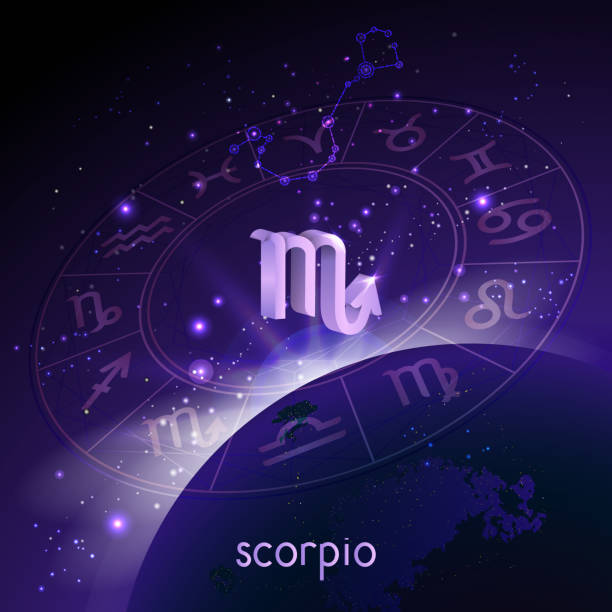 istock Vector illustration of 3D sign and constellation SCORPIO with Horoscope circle in perspective against the space background. 1151932508