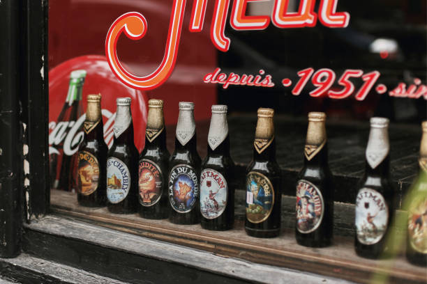 Row of local beers from Unibroue Brewery displaying on a window ledge in Montreal, Quebec