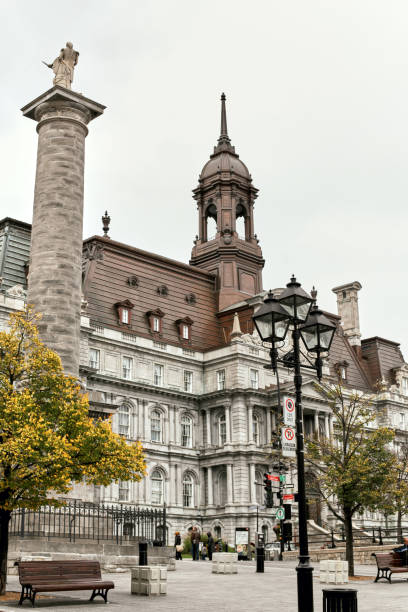 Exterior of Montreal City Hall in Quebec, Canada Close up of roof and exterior details of Montreal City Hall, located in historic Old Montreal. place jacques cartier stock pictures, royalty-free photos & images